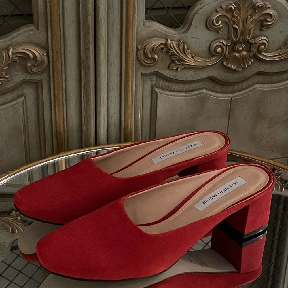 Saks Fifth Avenue Red Suede Mules